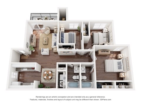 Floor plan for 3 beds, 2 baths, 1020 sqft